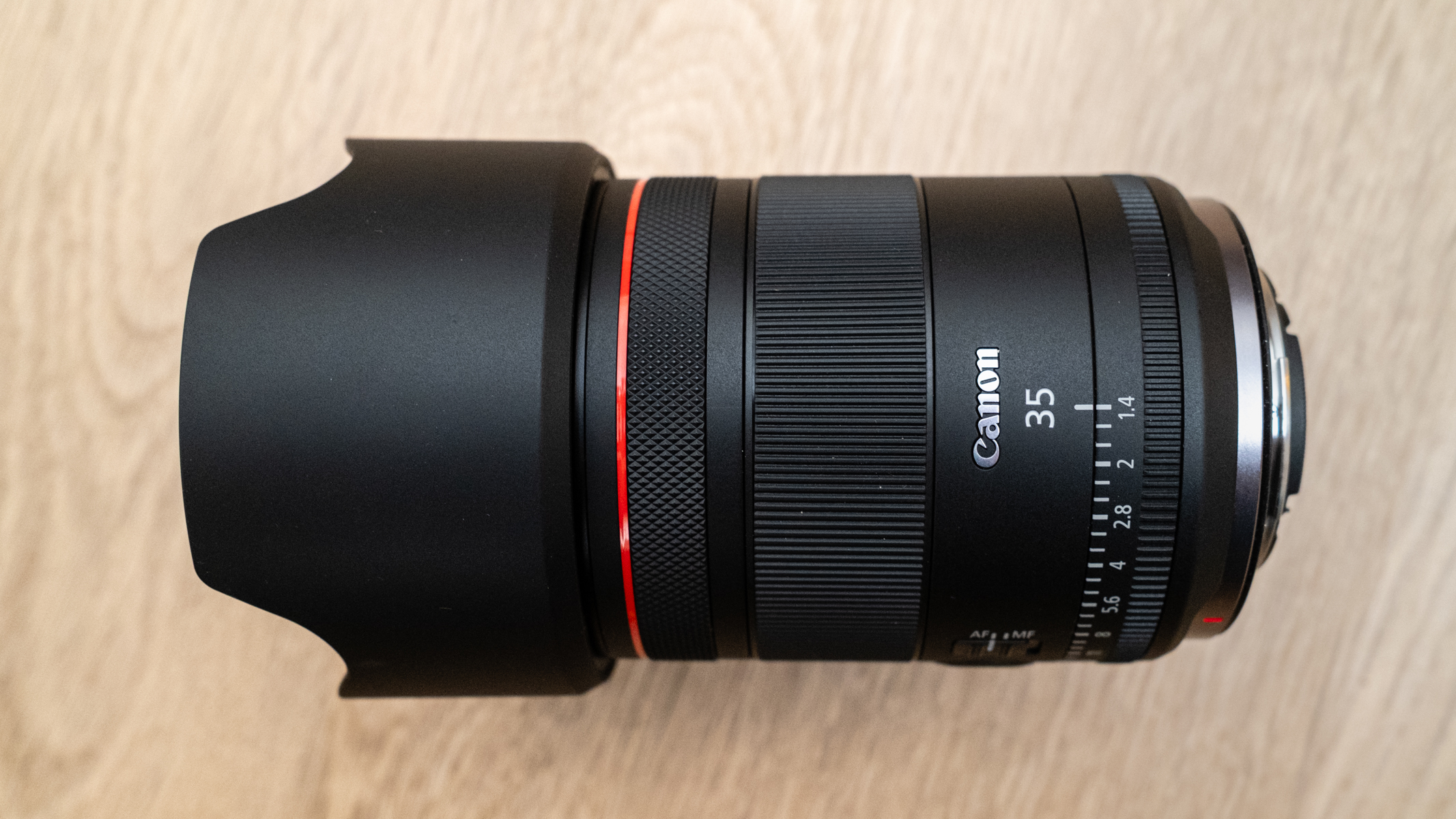 Canon RF35 f/1.4L VCM with the lens hood attached