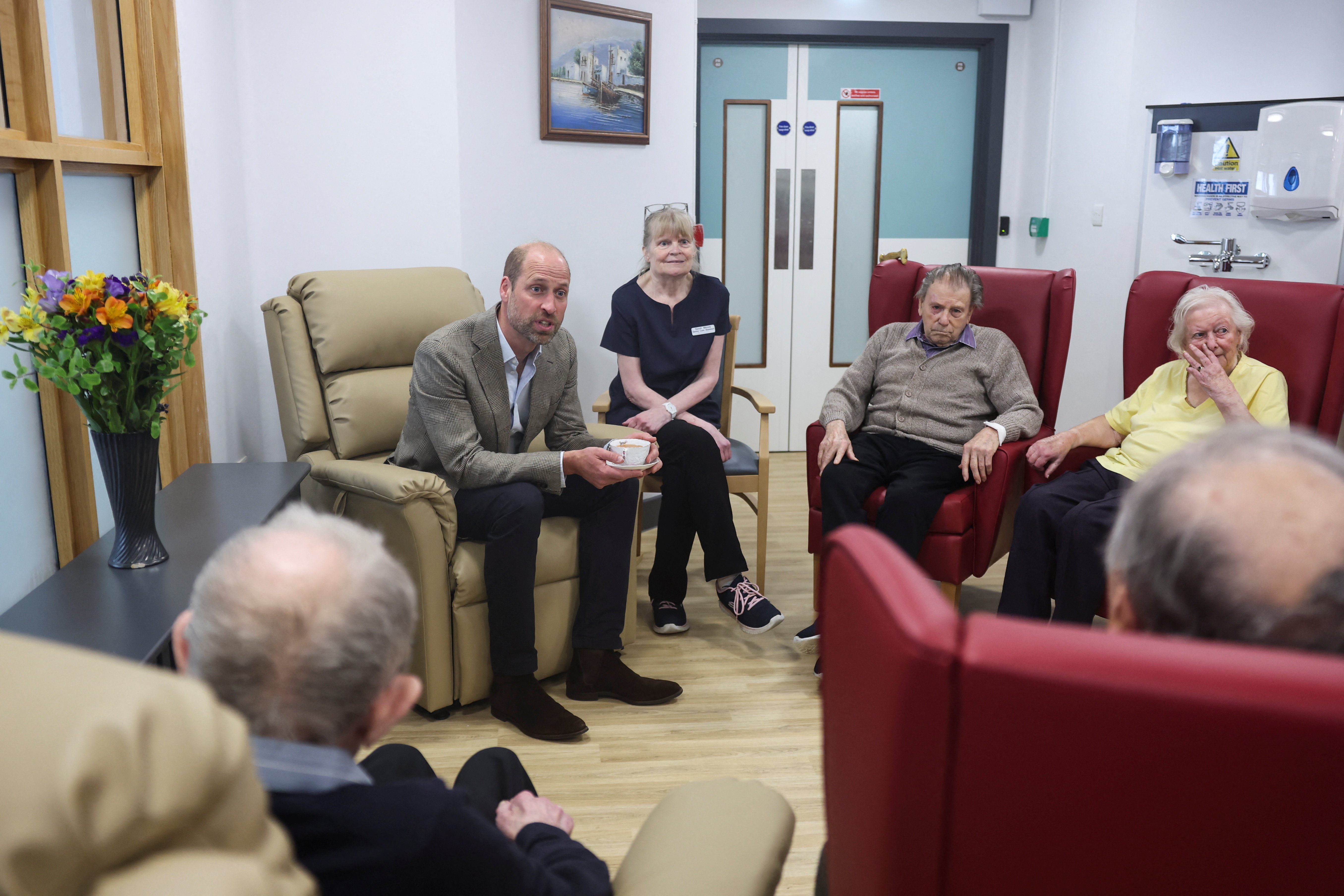 Prince William, The Duke of Cornwall, meets with care home residents during his visit to the Isles of Scilly Hospital (Photo by Hannah McKay-WPA Pool/Getty Images)