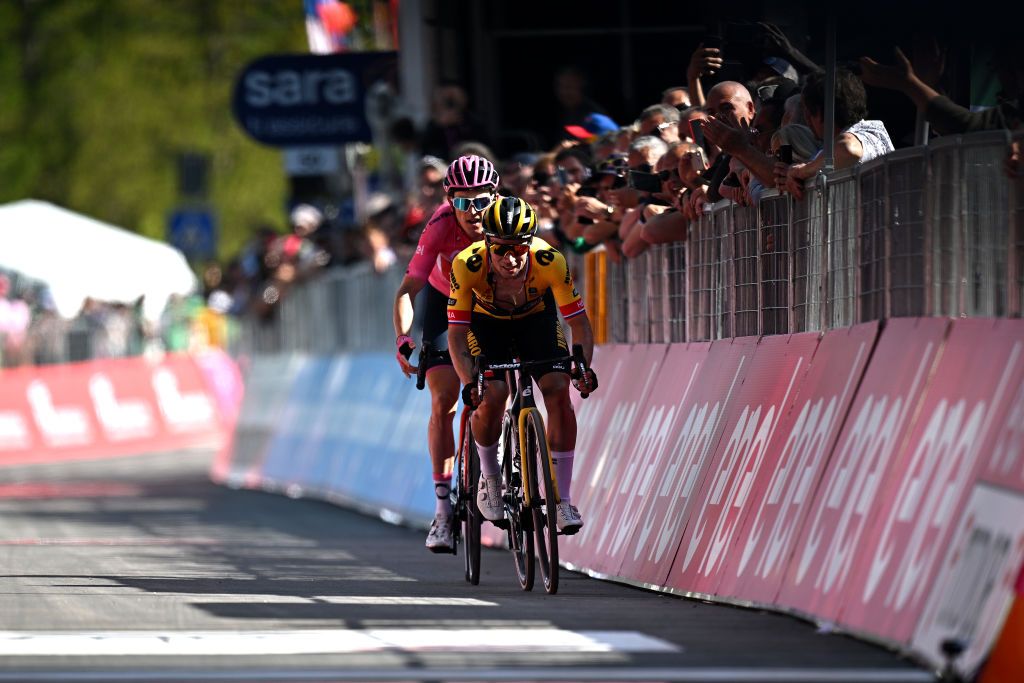 VAL DI ZOLDO PALAFAVERA ITALY MAY 25 LR Geraint Thomas of The United Kingdom and Team INEOS Grenadiers Pink Leader Jersey and Primo Rogli of Slovenia and Team JumboVisma sprint at finish line during the 106th Giro dItalia 2023 Stage 18 a 161km stage from Oderzo to Val di Zoldo Palafavera 1514m UCIWT on May 25 2023 in Val di Zoldo Palafavera Italy Photo by Stuart FranklinGetty Images