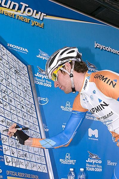 Brad Wiggins (Garmin Slipstream) from England signs on for the 2009 Jayco Herald Sun Tour Preface in Ballarat.