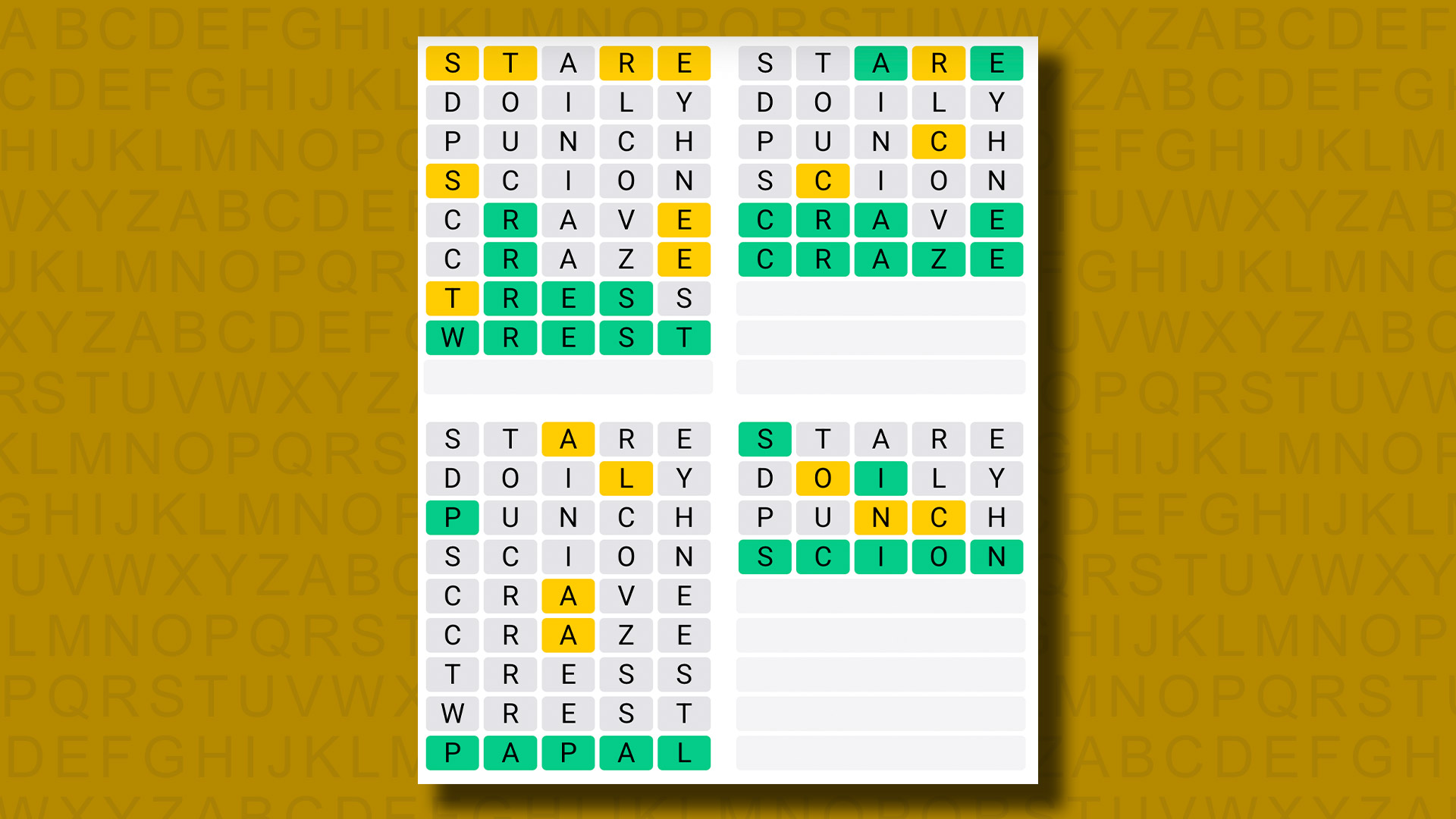 Quordle answers for game 1245 on a yellow background