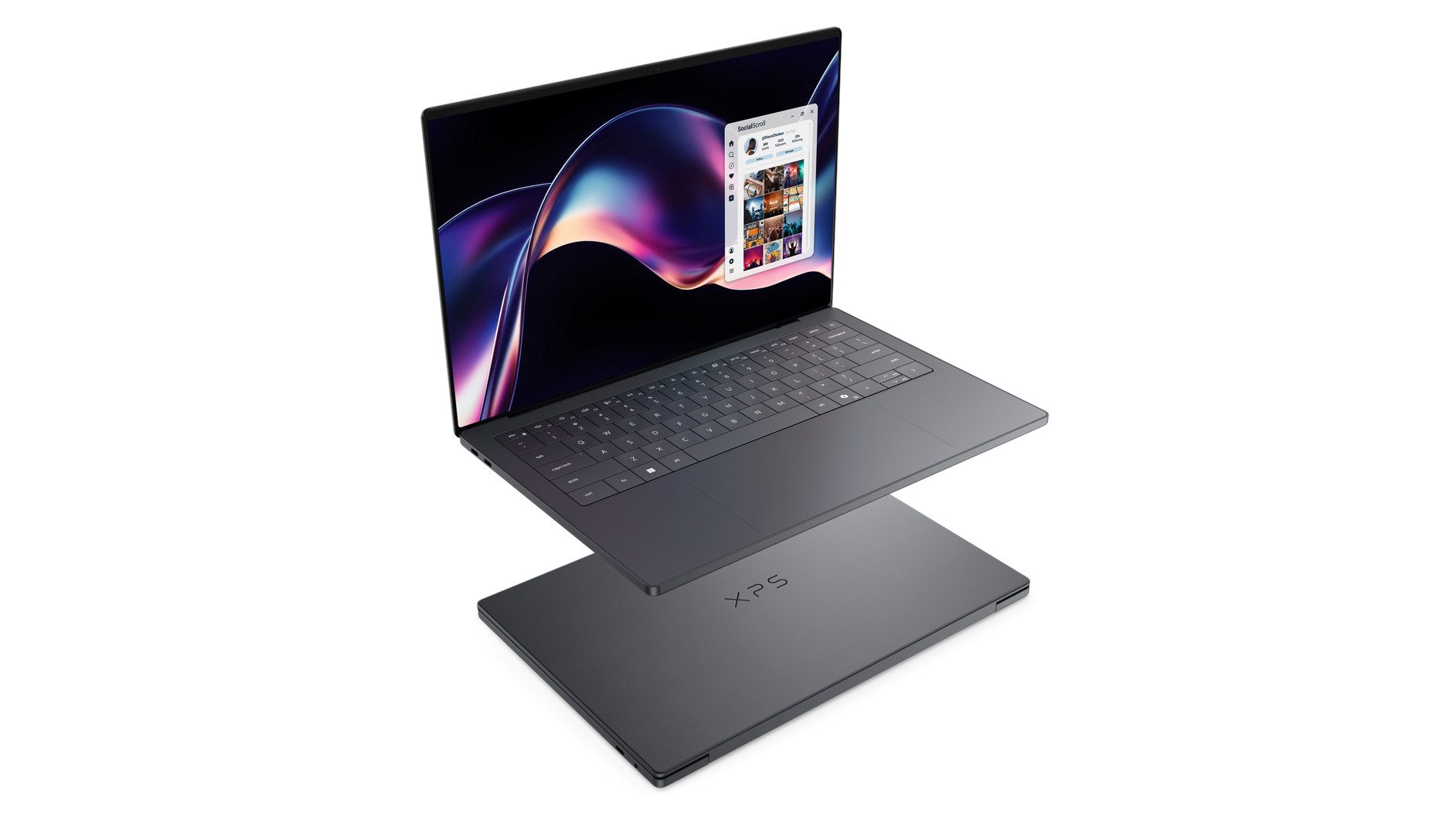 Dell XPS 14 laptop shown open, at an angle, above another XPS 14 which is closed