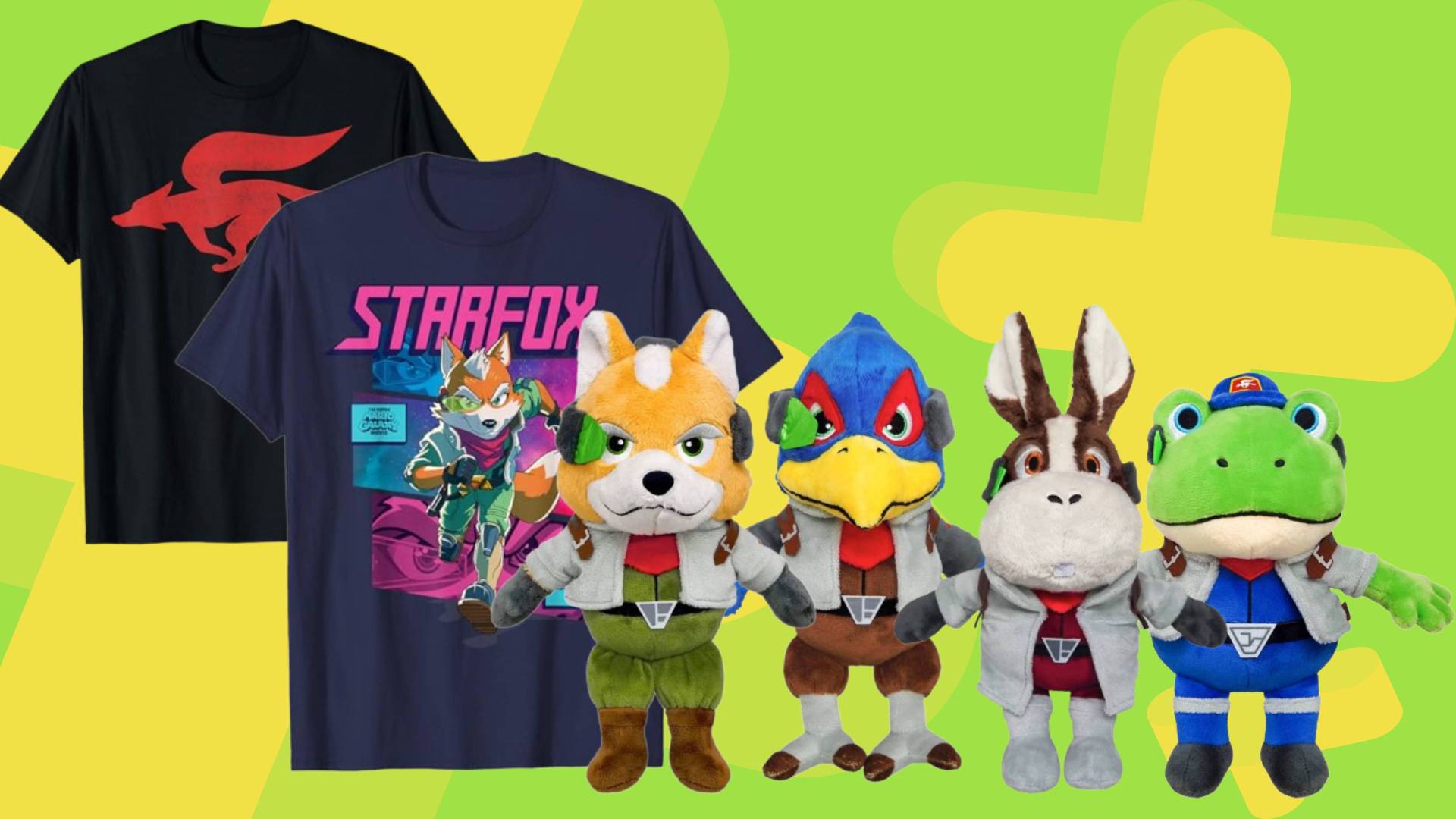 Image of Star Fox shirts and plushies sitting on a light green GamesRadar+ background.