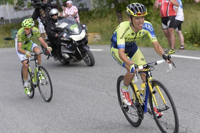 Rafal Majka (Tinkoff-Saxo) attacked out of the breakaway to catch and drop Alessandro De Marchi (Cannondale)