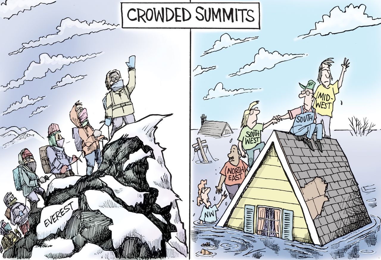 Editorial Cartoon U.S. Mount Everest Climbers Climate Disaster Survivors