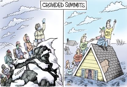 Editorial Cartoon U.S. Mount Everest Climbers Climate Disaster Survivors