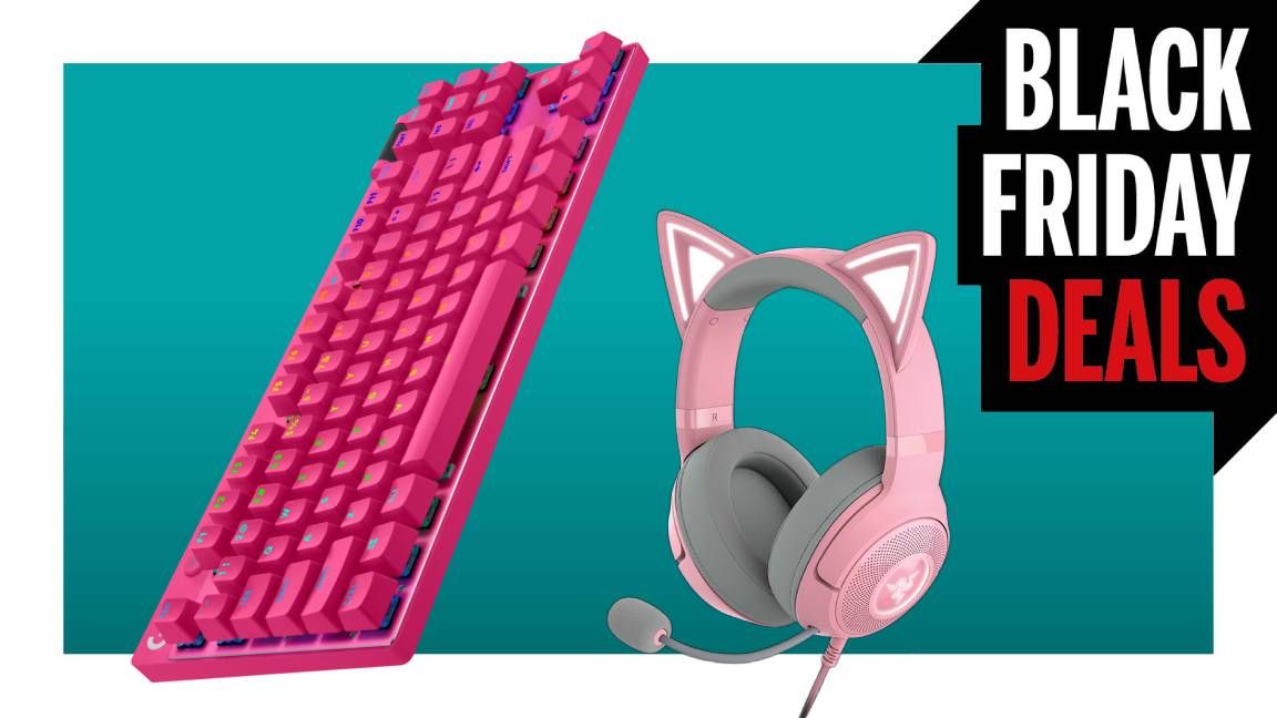 A Razer Kraken Kitty V2 USB Wired Gaming Headset and a Logitech G PRO X TKL Lightspeed Wireless Gaming Keyboard float in a white-bordered teal void. A banner which reads &#039;Black Friday deals&#039; take up most of the top right corner of the image.