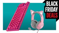 A Razer Kraken Kitty V2 USB Wired Gaming Headset and a Logitech G PRO X TKL Lightspeed Wireless Gaming Keyboard float in a white-bordered teal void. A banner which reads 'Black Friday deals' take up most of the top right corner of the image.