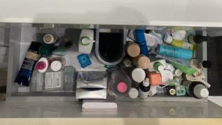 Bathroom under sink drawer orgnization idea with skincare products