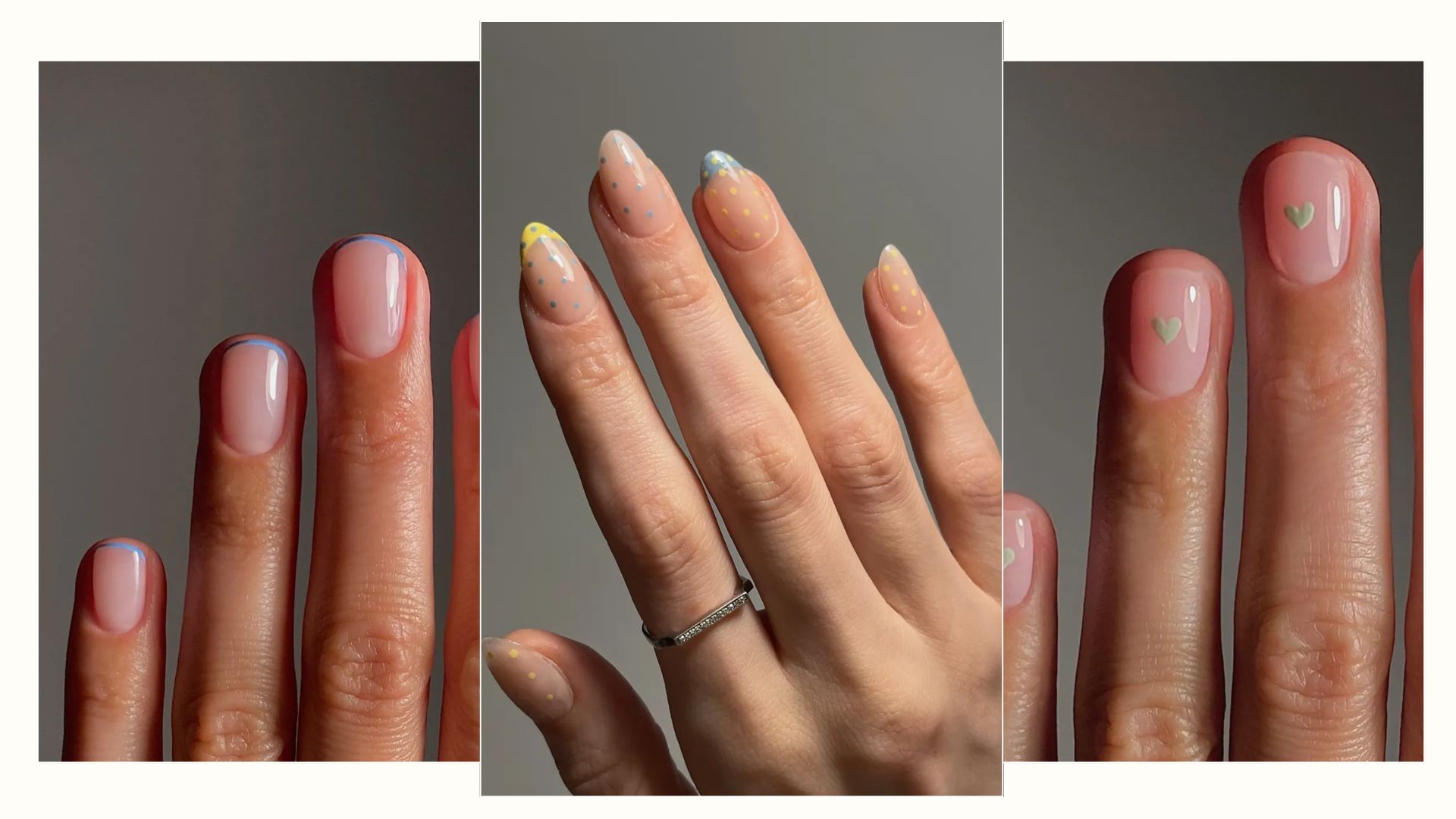 A collage of nail designs from blue French tips, blue and yellow polka dots and green hearts