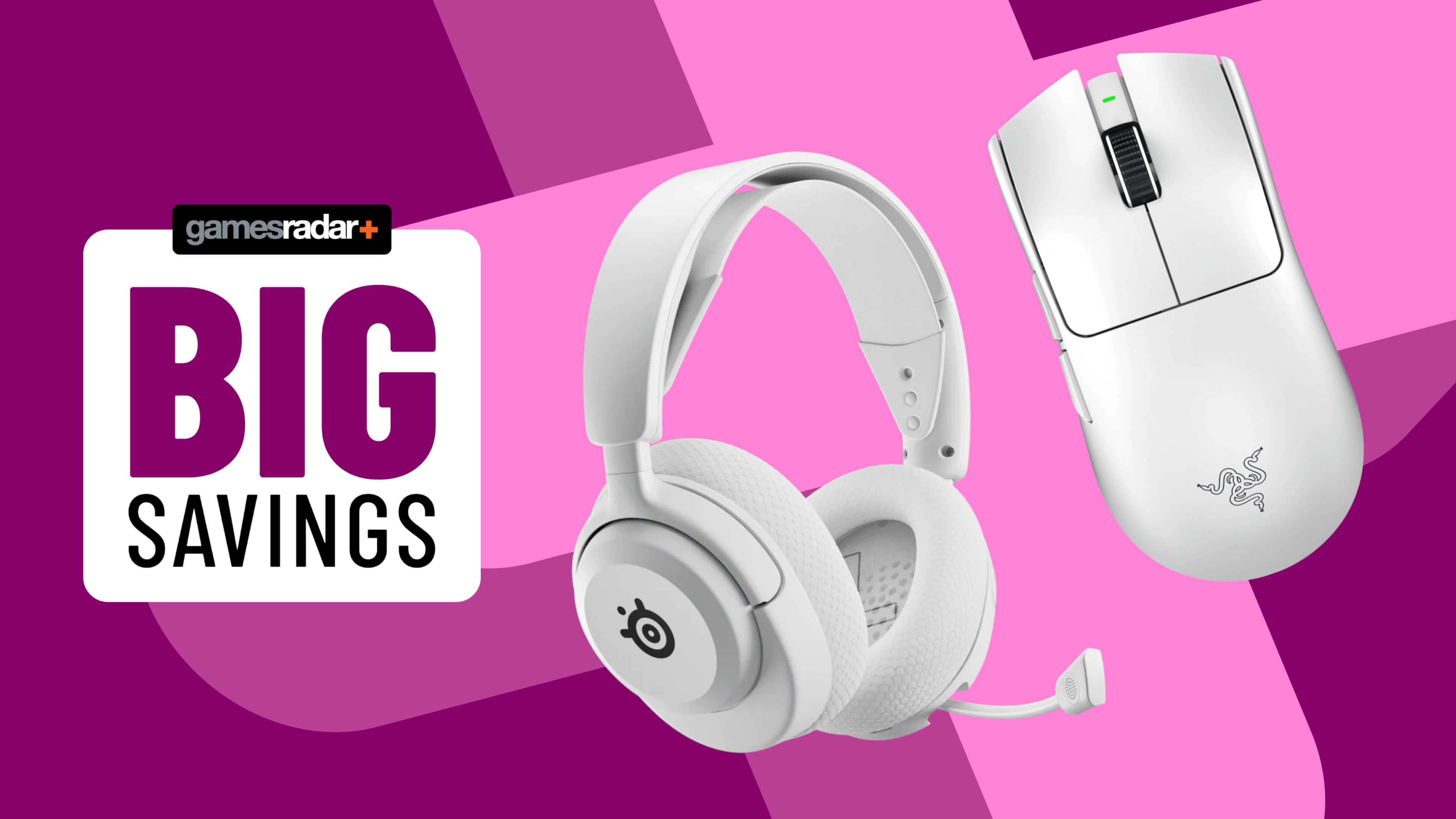 Gaming headset and mouse on a purple background with big savings badge