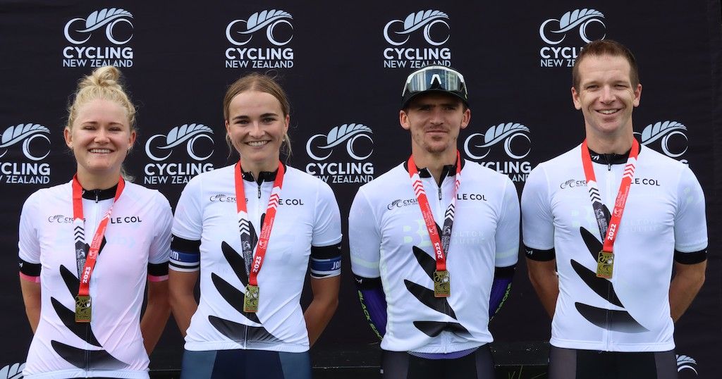 New Zealand Road National Championships 2023 elite and U23 time trial winners Georgia Williams, Ally Wollaston, Logan Currie and Aaron Gate