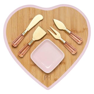  Paris Hilton Charcuterie Board and Serving Set, Bamboo Serving Board, Ceramic Dish, Cheese Utensils with Titanium Coated Blades, 6-Piece Set, Pink
