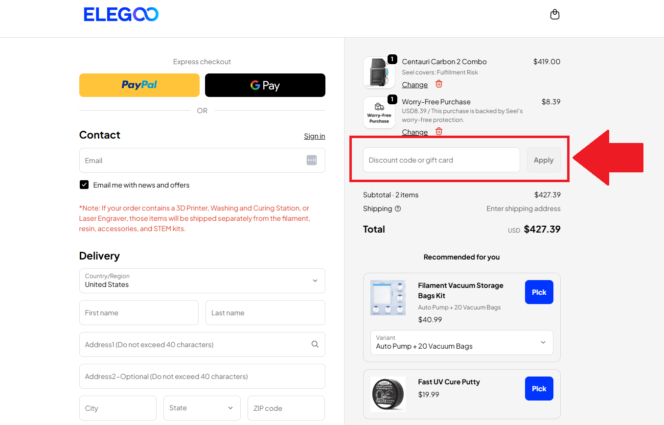 a screenshot of the elegoo checkout screen showing where to enter an elegoo promo code