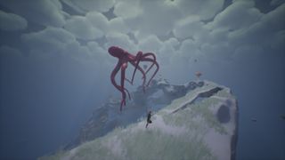 An image of a young boy stood at a cliff, watching as a large octopi raises gracefully into the air in Chasing the Unseen.