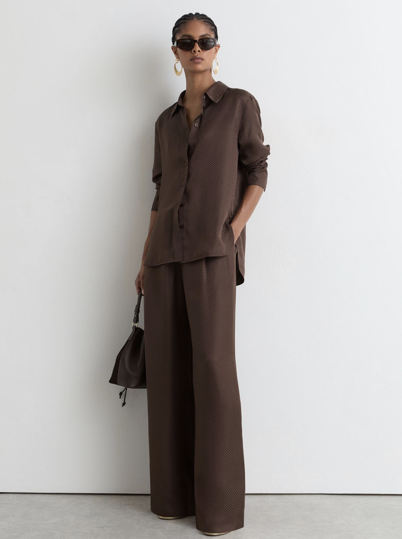 REISS, Silk Jacquard Long-Sleeve Shirt in Mocha Brown