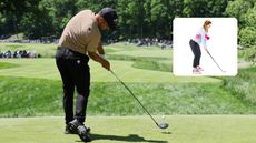 Xander schauffele hitting a tee shot at the PGA Championship, with an inset image of Jo Taylor demonstrating her connection drill for the golf swing