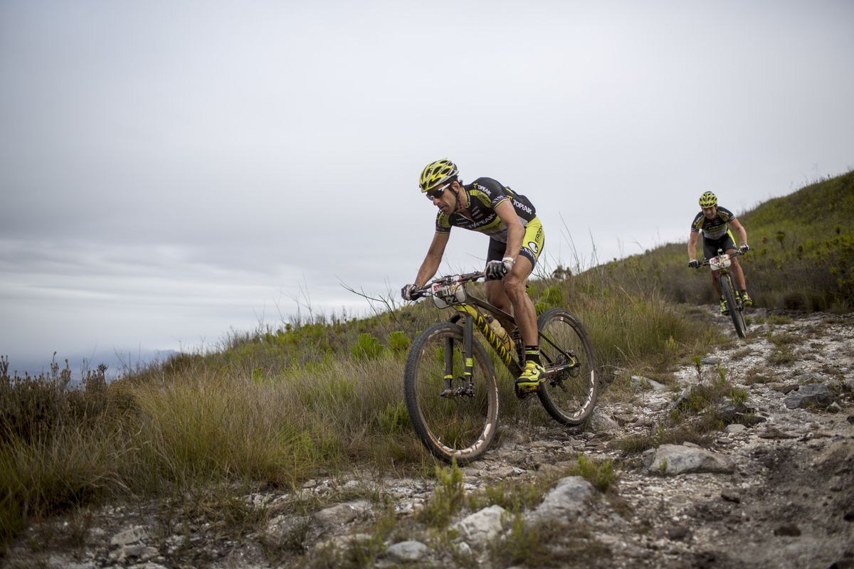 Defending champions Lakata and Hynek on the rocky descent