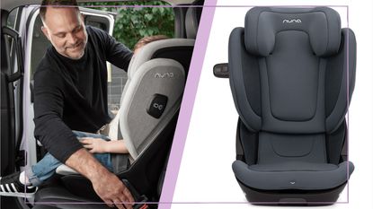 A collage of two images of the Nuna Aace Lx car seat - one showing a father installing the seat in a car with a young child strapped in, and one showing the car seat itself