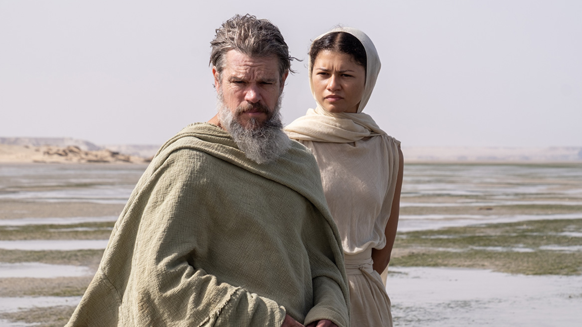 Matt Damon as Odysseus and Zendaya as Athena in The Odyssey