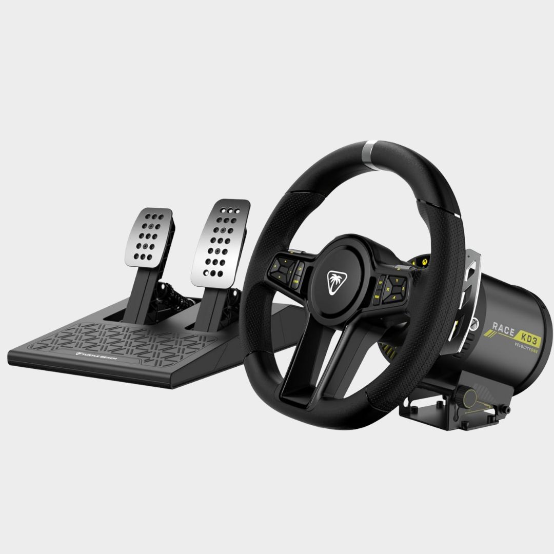 The Turtle Beach VelocityOne Race KD3 wheel and pedal set on a plain background