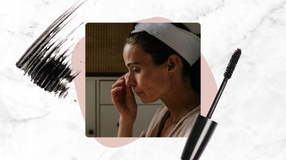 A close-up of a woman, with her hair pushed back with a hairband, removing eye makeup with a cotton pad/ in a white and grey marbled template with stock images of mascara streaks and a mascara wand.