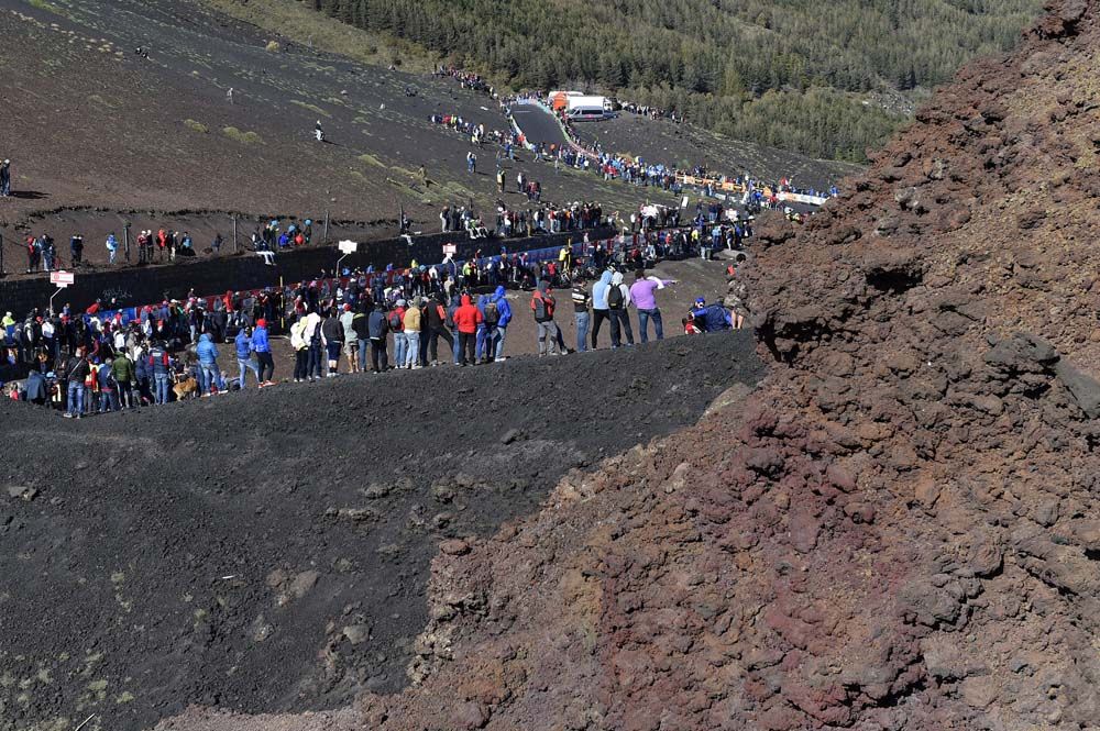 Big crowds patiently await the arrival of the riders on Etna at the 2017 Giro