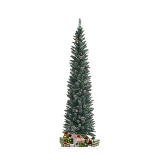 Slim and tall pine christmas tree with presents in green and red wrapping paper underneath