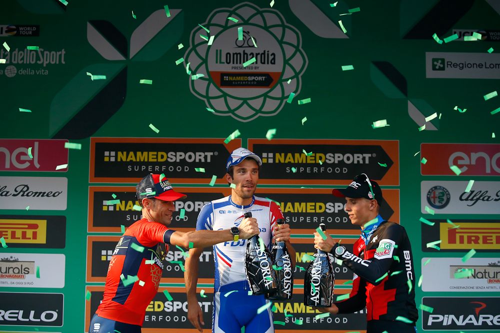 Vincenzo Nibali, Thibaut Pinot and Dylan Teuns on the Il Lombardia podium