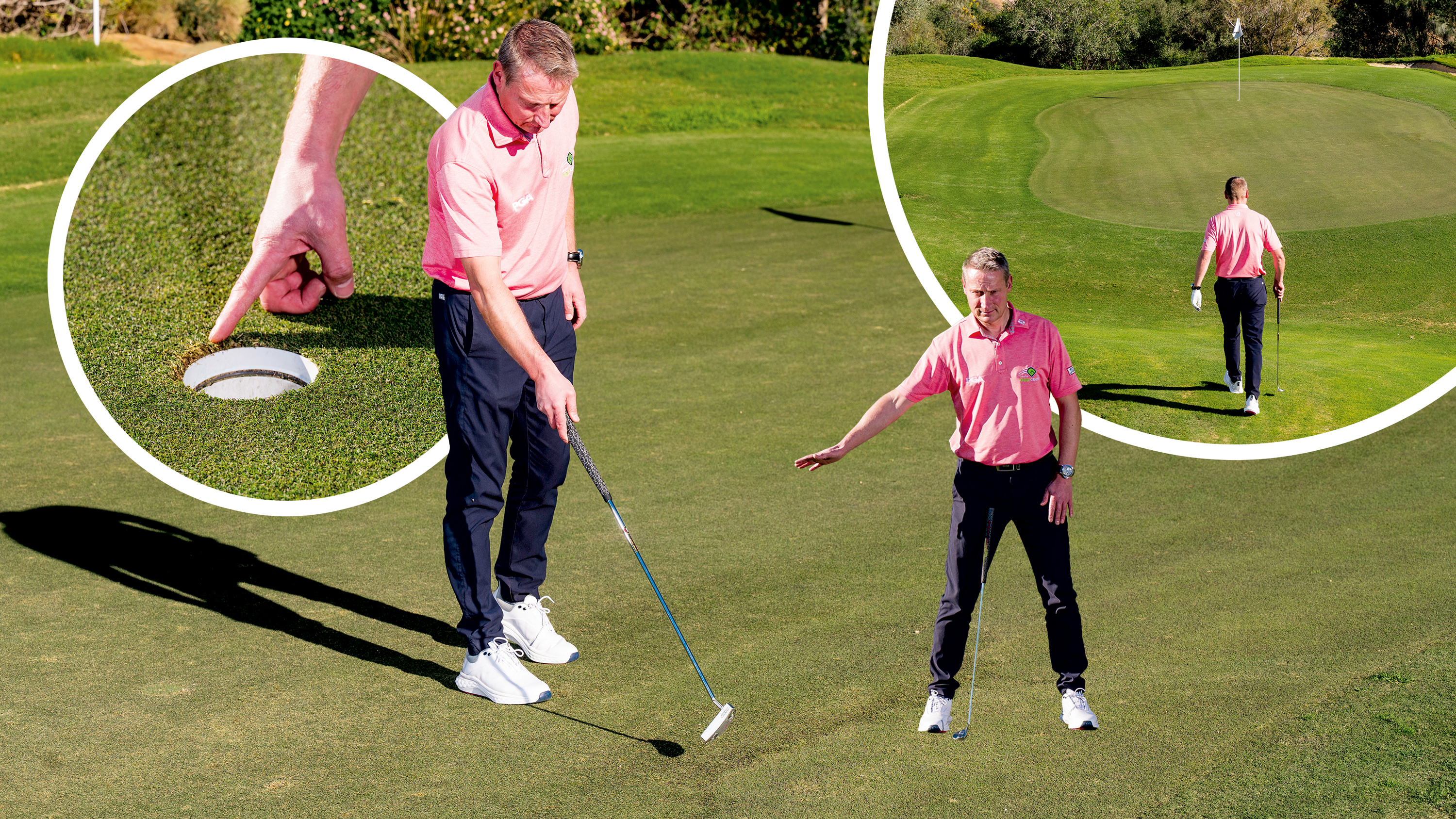 Anders Mankert demonstrating four pivotal clues to use when green reading in golf, including the grain, the grass around the cup, the high point of the green and the view from below the hole