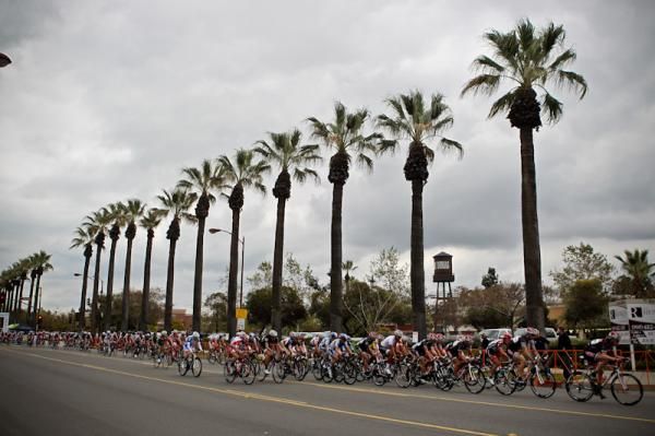 The men's field strung out in downtown San Dimas.