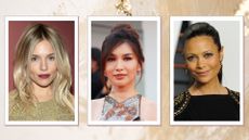 Sienna Miller is pictured with long waves alongside a picture of Gemma Chan with a tousled bun and Thandiwe Newton, with a sleek ponytail / in a gold and cream textured 3-picture template