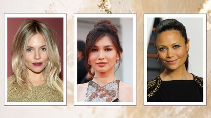Sienna Miller is pictured with long waves alongside a picture of Gemma Chan with a tousled bun and Thandiwe Newton, with a sleek ponytail / in a gold and cream textured 3-picture template