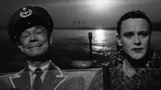 Joe E. Brown as Osgood driving a boat with Jack Lemmon as Jerry in Some Like It Hot