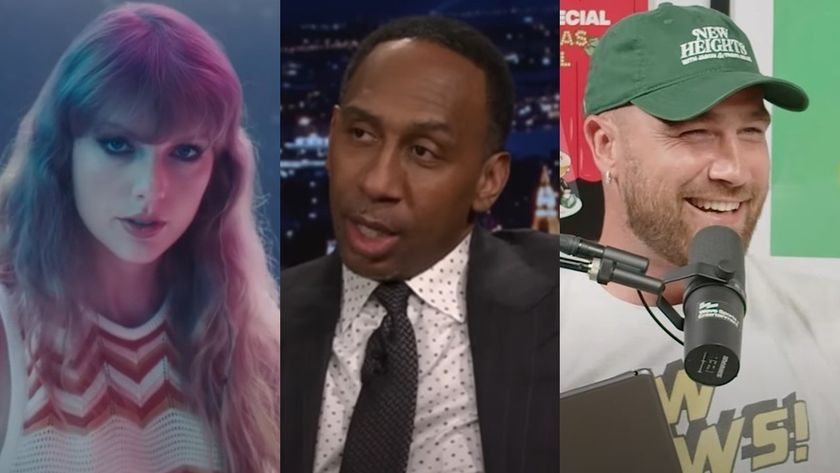 From left to right: Taylor Swift in the Lavender Haze music video, Stephen A. Smith on The Tonight Show and Travis Kelce on New Heights. 