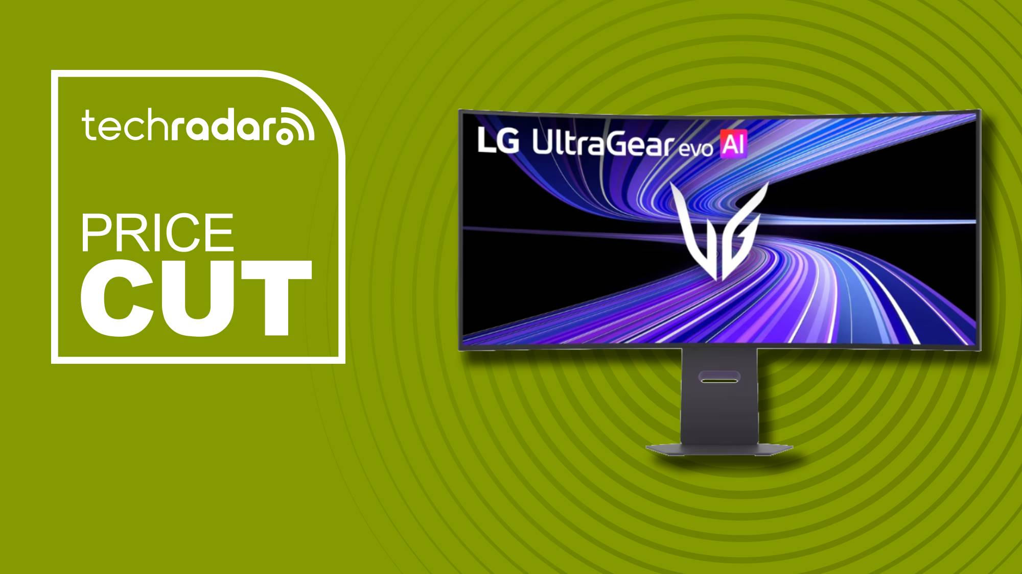 The LG 45GX950B-B gaming monitor on a green background with white TechRadar Price Cut text