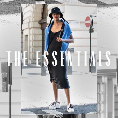 woman wearing a slip dress and a hoodie and sneakers with white text The Essentials overlayed