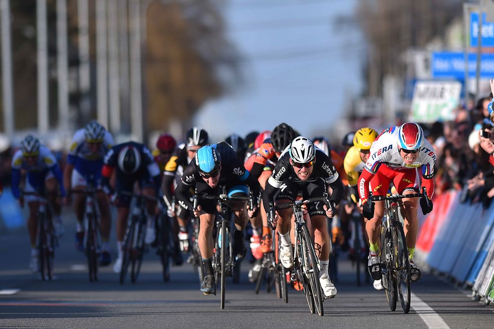 Cavendish digs deep to outsprint Kristoff and Viviani for his second Kuurne-Brussel-Kuurne win.