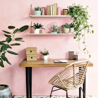 room with pink wall and wooden table