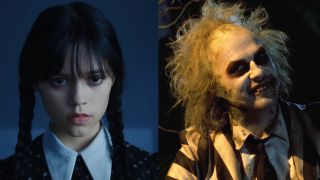 Jenna Ortega starring as Wednesday Addams in the Netflix series, Michael Keaton as Beetlejuice in the original movie