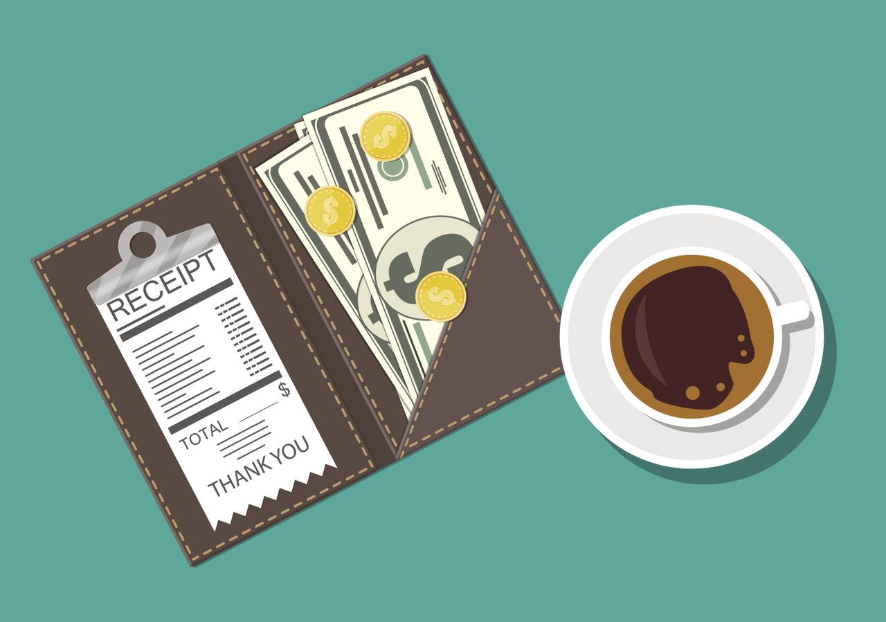 An illustrated image of a receipt, money, and a coffee