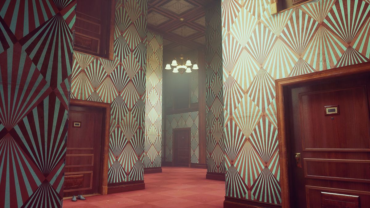 Control&#039;s ash tray maze filled will corridors of red doors and patterned wall paper