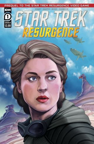 Another variant cover art for "Star Trek: Resurgence" #1 depicting one of the series' characters on a windswept alien desert planet.