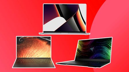 Three laptops from Apple, Razer and LG on a red background