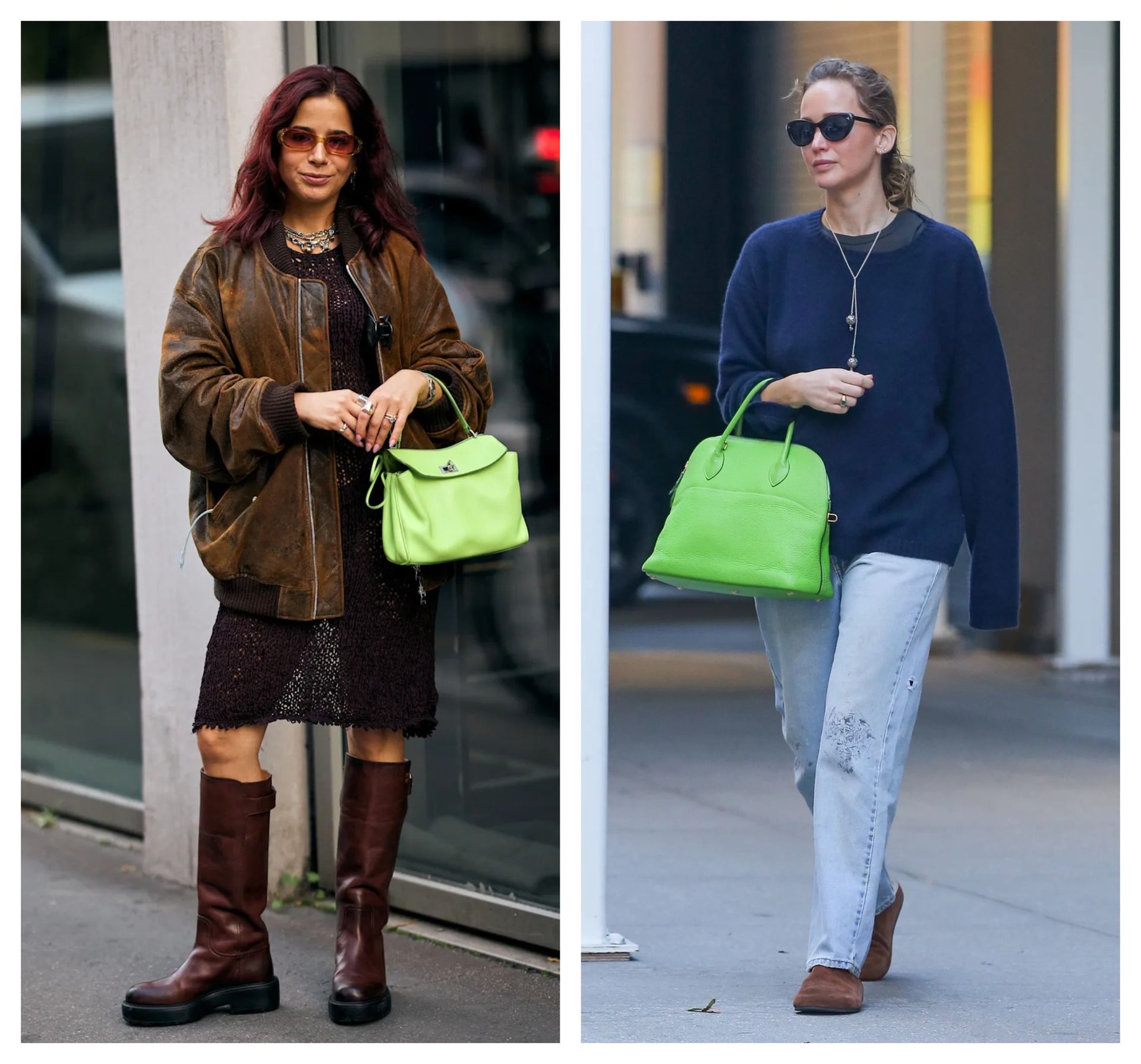 collage of a French girl and Jennifer Lawrence wearing the same French girl trend: bright green bag