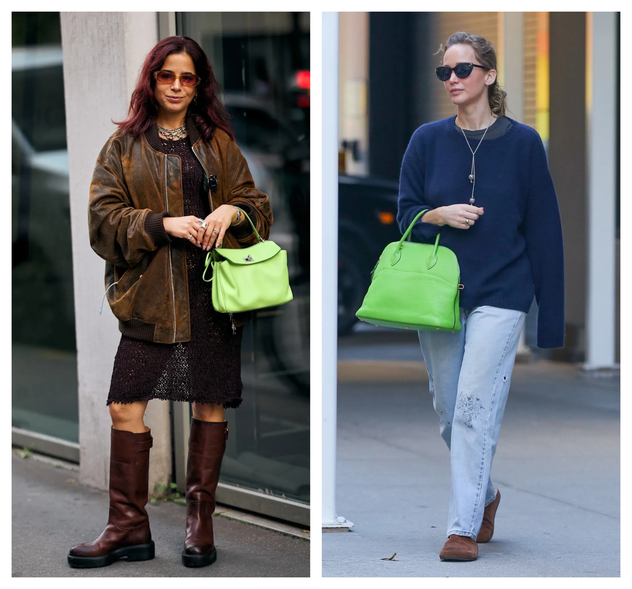 collage of a French girl and Jennifer Lawrence wearing the same French girl trend: bright green bag