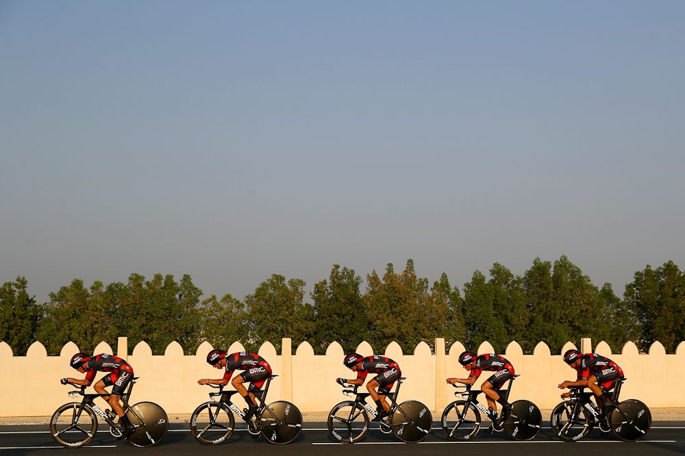 BMC racing en route to second place in the 2016 UCI Road Worlds team time trial