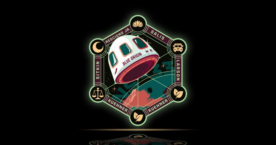 A hexagonal patch on a black background with a white space capsule off-center.