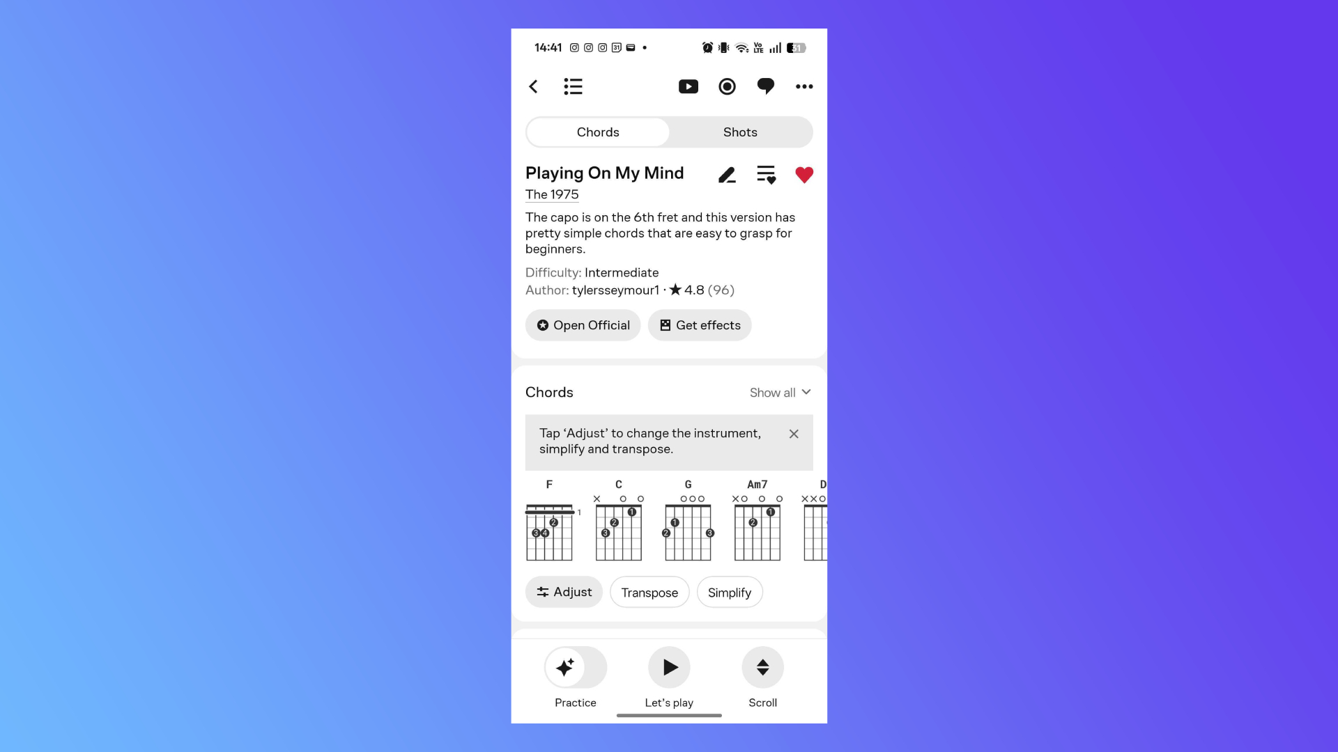 A screenshot of an Ultimate Guitar transcription of The 1975&#039;s &#039;Playing On My Mind&#039;