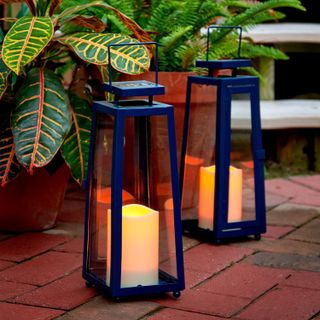 Nantucket Blue Medium Solar Metal Lantern, Set of 2